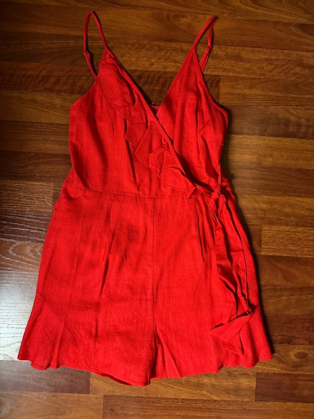 Pink Lily Red Wrap Romper with Ruffle Detail
